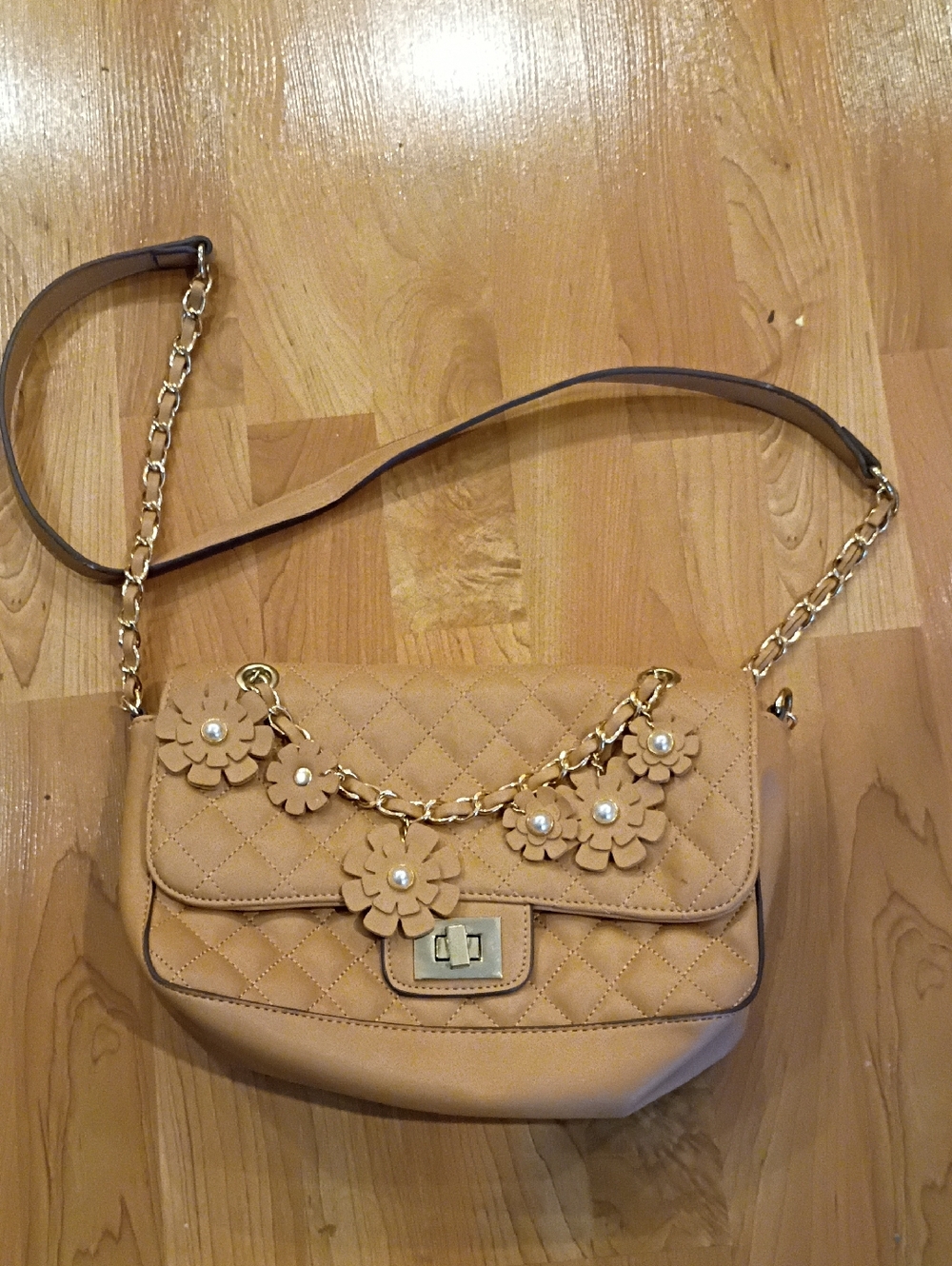 JustFab Tan Quilted Floral Chain Shoulder Bag
